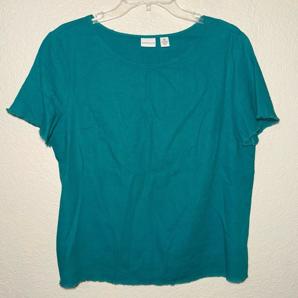 Westbound Linen Blend Top Medium Teal Fringe Trim Short Sleeve Shirt